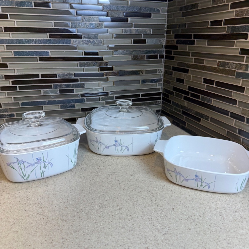 VTG Corning Ware Shadow Iris Casserole Dish 5pc Set w/ 2 Lids 1L, 1.5L, 2L